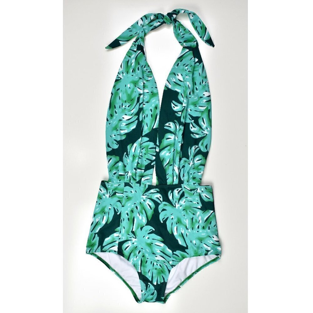 Cocoship Retro One Piece Palm Print Swimsuit Large